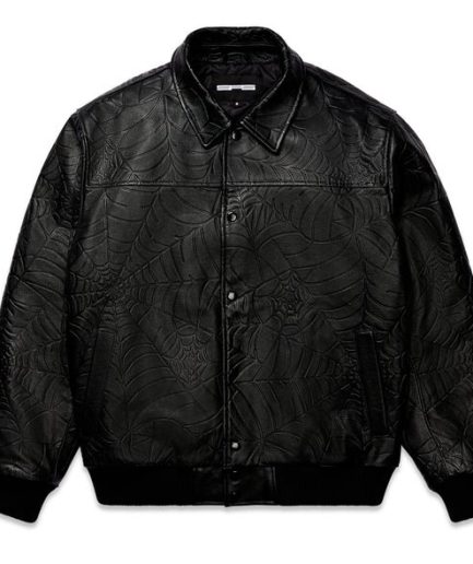 Sp5der Black Debossed Web Leather Jacket