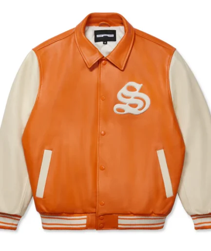 Sp5der Orange Leather Varsity Jacket