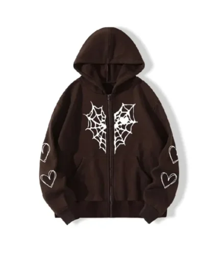 Sp5der Zipper Web & Heart Print Hoodie Brown