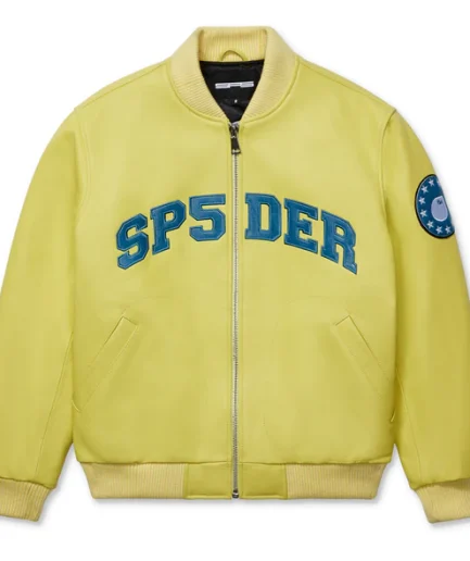 Sp5der Yellow Leather Logo Bomber Jacket